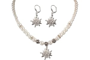 Alpenflüstern Trachtenschmuck-Set Perlen-Trachtenkette und Trachten-Ohrhänger Strass-Edelweiß - Damen-Trachten-Schmuck, Trachtenset Dirndl-Kette und Trachten-Ohrringe in traditionellen Farben SET005