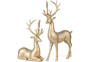 KI Store 2 Stück Rentier Tier Figur Skulpturen Statuen Dekofigur groß, 20/30cm Figur deko Hirsch, Weihnachten Rentier Weihnachtsdeko Hirsch aus Kunstharz (Gold)