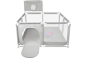 HUOLE Parc Bébé en Tissu Oxford, Petit Enfant avec Barrières, Parc De Jeux Bébé pour Appartement Avec 50 Balles,Basketball Rack,Avec 4 Ventouses-126 * 126 * 66 cm-gris clair