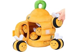 DiiWmme Baby Sensory Toys 6-12 Months, Soft Beehive with 5 Textured Bees, Montessori Learning Toy with Crinkle, Squeaker and Mirror, Toddler Travel Gifts for Boys and Girls 0-3 Years (Honeycomb)