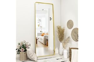 Koonmi Tiefer Rahmen Standspiegel 163 x 53 cm, Luxus runde Ecken Bodenspiegel mit robustem Nanoglas, an der Wand montierter Ganzkörperspiegel horizontal oder vertikal gehängt, Gold