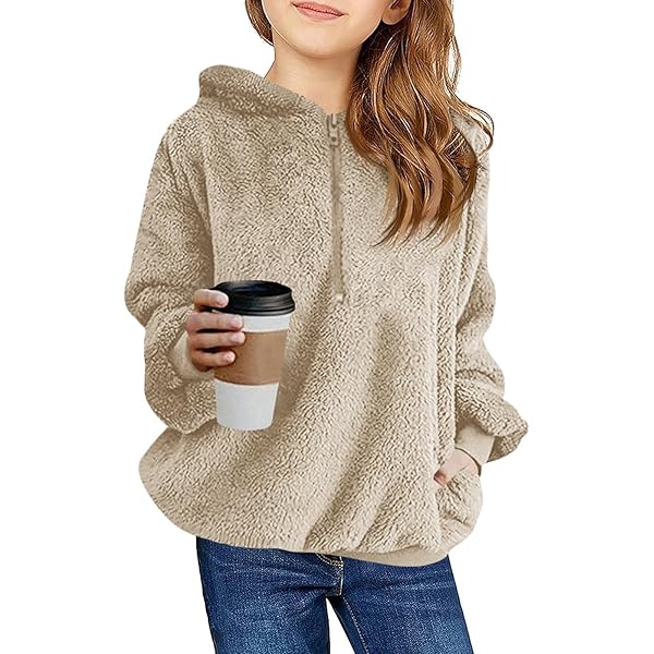 Arshiner Hoodie voor meisjes, met ritssluiting, sherpa-fleecejack voor kinderen, sweatshirt met lange mouwen, herfst, winter, warme kinderjassen met zakken, 5-13 jaar, cr me Wit, 5-6 jaar