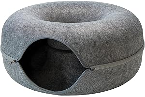 KVOTA Katzentunnel Katzen Donut Katzenhöhle Katzenbett Spielhöhle für Ihr Liebling, rund, Maße 60x60x28 cm, aus robustem Filz gefertigt, Grau. Multifunktionales Design: zum Spielen,Schlafen oder Kratzen