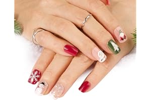 BOOMTOP 72pcs Uñas Postizas Navidad Cuadradas Cortas Colores con Diseño y Pegamento, Uñas Falsas Rojas, Puntas Uñas de Navidad, 3 Cajas 12 Tamaños