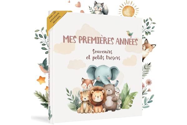 HuBorns - Livre de Naissance Bébé pour Coller des Photos et Écrire avec +50 Pages et Autocollants, Album Photo Bebe de Première Année jusqu'à ses 5, Idéal comme Cadeau Naissance (Amis, Français)