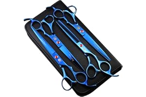 Purple Dragon Professionelles 7,0 Zoll 4PCS Pet Grooming Schere Kit Japan Premium-Stahll Gerade & Gebogene & Ausdünnende Klinge Hundehaarschneideschere Set mit Etui (Blau)