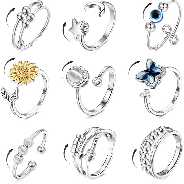 Lot de 2 Bagues Anti-stress, Bague de Pouce en Acier Inoxydable pour Femme, Bague Anti-stress Réglable d'humeur Unisexes, Bijoux Cadeaux