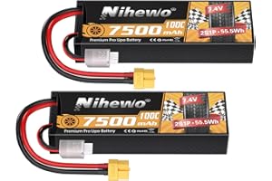 Nihewo 2Packs 2S Lipo Akku, 7,4V 7500mAh RC Akku 100C Hartschale Lipos XT60 Stecker Kompatibel mit 1/8 1/10 RC Car Truck Truggy Fahrzeugen Panzerboot Flugzeugmodellen