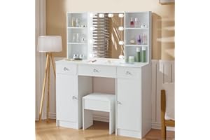 Aovquof Dressing Table with Mirror and Stool, 140x100x40cm Vanity Table with Adjustable Brightness LED Lights, Makeup Desk with Storage, Modern Vanity Desk