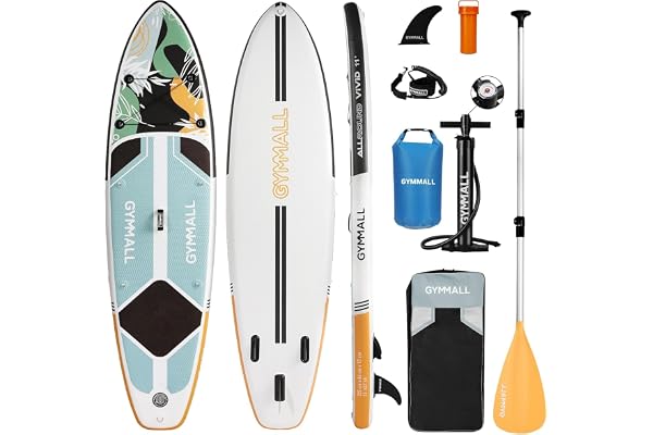 GYMMALL Paddle Gonflable Adulte, Paddle Gonflable Stand Up Sup pour Adultes & Jeunes de Tous Niveaux de Compétence, Large & Deck Antidérapant pour Paddle Gonflable avec Accessoires Premium et Sac