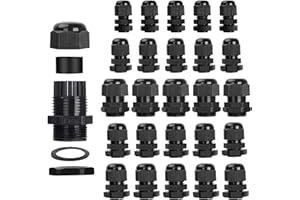 25 Pack Cable Glands, Bolatus IP68 Waterproof PG7 PG9 PG11 PG13.5 PG16 Adjustable 3-15mm Cable Connectors Locknut Stuffing Glands Nylon Plastic Cable Gland Joints with Washer Black