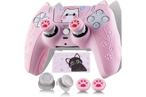 PlayRealm Silicone Skin Cover Sticker x 1 & Extender Grips x 2 for PS5 Controller Cat Pink