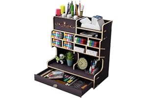 CATEKRO Desk Storage Box Wooden Multi-Function Drawer Desk Storage Box Stationery Storage Pen Holder For Office, School And Home (Black)