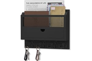 Nekon Key Holder with Drawer for Wall, 12" W x 10" H x 3.1" D Mail Sorter Wall Mounted, Wooden Key Holder Home Organizer Letter Sorter for Letter Magazines (Black)