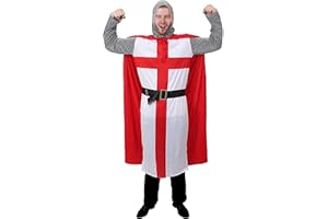 I LOVE FANCY DRESS Adults Medieval Crusader Knight Fancy Dress English Knight Costume - St George Tunic + Red Cape + Headpiece + Belt - Lionheart King Arthur
