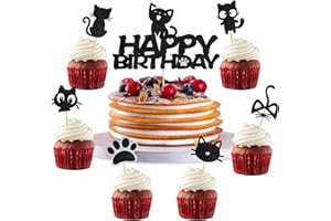 TARKLANDA 25Pcs Cat Happy Birthday Cake Topper Cat Cupcake Toppers Black Glitter Kitten Cat Cupcake Food Picks Cat Lover Kitten Theme Baby Shower Kids Birthday Wedding Party Cake Decorations Supplies