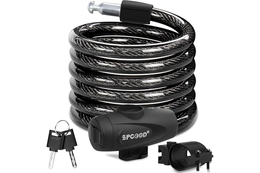 SPGOOD Bike Lock 1200mm/12mm with 2 Keys,Bicycle Lock with Mounting Bracket,Steel Cycling Cable Lock High Security,Lightweight Coiling Cable Lock for Bike,Scooter,Skateboard,Gate,Door