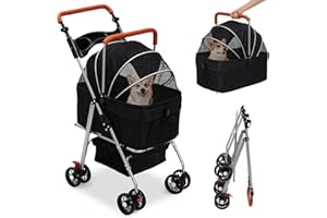 EULEUY Pet Stroller Foldable for Small Medium Dogs Cats with Storage Basket,Wheels,Safety Belt,Zipper Entry,Adjustable Handle,Detachable Dog Carrier,4 Wheels Puppy Pushchair,Travel Pet Pram,Black