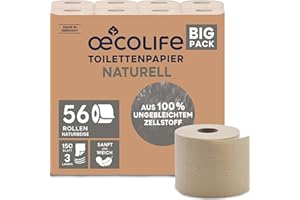 ŒCOLIFE oecolife - Carta igienica naturale, 3 strati, 56 x 150 fogli per rotolo, super morbida, vegana, carta igienica sostenibile, confezione da 60% PCR (56 rotoli)