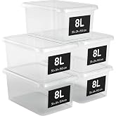 AHIOVA 5 Plastic Storage Boxes 8L 13 x 24 x 15.5 cm Transparent with Lid | Medium Stackable Organizer Box BPA Free Click Lock