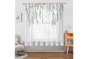 Odot Halbtransparente Vorhänge mit Stangentasche, 3D Grün Blatt Muster Voile Gardinenvorhang 2 er Set Fensterschal Moderne Vorhänge Fenster für Wohnzimmer Schlafzimmer (Blatt,130x120cm)