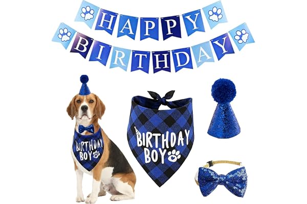 5 Pcs Dog Birthday Decorations Including Dress, Bandana, Hat and Banner, Pet Birthday Party Accessories for Large Dogs Suitable for Most Dog Body Types(Blue)