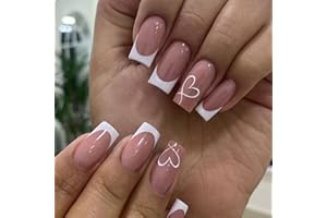 GlamRays 24 Stück French Tip Press-On Nägel - Mittel, Herz Weiß, Französischer Stil, Lang, Square Form, Acryl