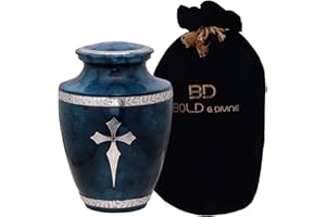 BOLD & DIVINE Elite Cross Blue Cloud Dekorative Urne | Größe L | 200 Kubikzoll | Für menschliche Asche Erwachsene Gedenkstätte, Beerdigung, Beerdigungsurne mit einzigartigem Samtbeutel