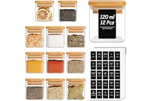 ComSaf 12 Stuks Glazen Kruidenpotjes met Bamboe Deksel – 120 ml Vierkante Voorraadpotten met 275 Etiketten, Luchtdicht Bewaren voor Kruiden en Specerijen, Zout, Suiker, Thee, Koffie, Noten en Zaden