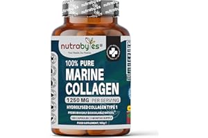 NUTRABYTES High Strength Marine Collagen Capsules - 1250mg Hydrolysed Collagen Supplement - Type 1 Hydrolysed Collagen Peptides - 180 Collagen Capsules - 3 Months Supply - Collagen Supplements for Women & Men