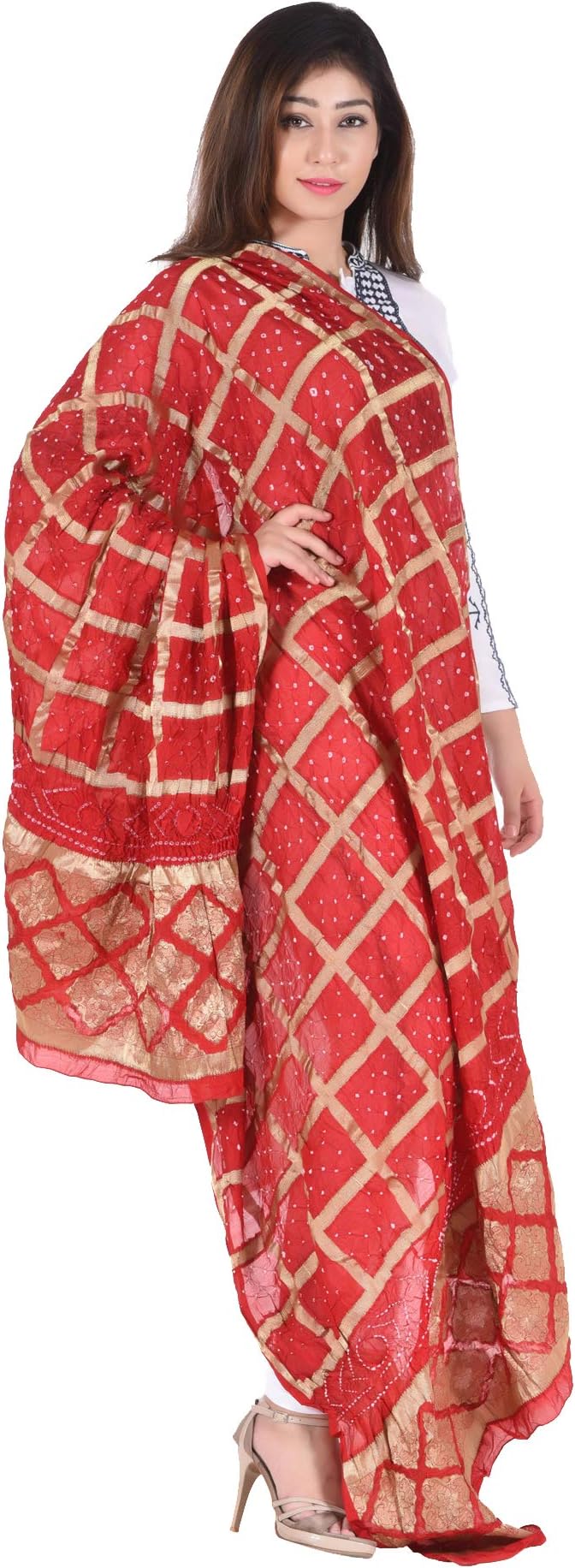 SNEHWomen's Jaipuri Bandhani Bandhej Silk Gharchola with Zari Work Dupatta (Red, Free Size)