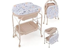 COSTWAY Bañera Bebe con Cambiador 4 en 1, Bañera Cambiador Bebe con Bandeja y 4 Ruedas Bloqueables, Cambiador Bebe Portátil y Plegable con Cesta de Almacenaje, Cojín Impermeable, Carga 35kg(Beige)