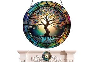 Panneau de vitrail à suspendre, arbre d'ornement de fenêtre | Arbre de vie acrylique/libellule/papillon coloré Suncatcher | Attrape-soleil en vitrail décoratif pour mur de fenêtre, décoration Povanjer