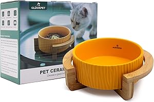 GLÜCKPET Cuenco de Cerámica para Gato, Base de Madera de Bambú, 400 mL, Amarillo