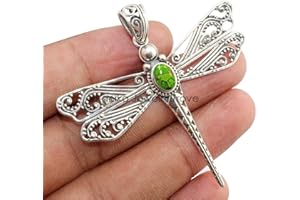 KANIKA JEWELRY TROVE 925 Sterling Silver Dragonfly Pendant for Women & Girl Christmas Gift, 7x5MM Oval Cabochon Green Copper Turquoise Memorial Pendant without Golden Ball