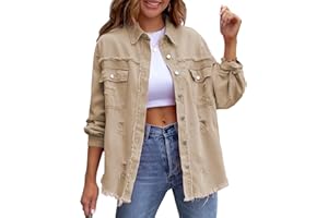MTROTE HXUE - Chaqueta vaquera rasgada con bordes crudos de longitud media - Chaqueta vaquera rasgada de manga larga para mujer Primavera y otoño Tops casuales con solapa y bolsillos