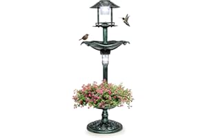 GYMAX Standing Bird Bath, Bird Bath with Solar Light, Garden Standing with Flower Pot & Fillable Stand, Bird Feeder for Balcony and Garden (Model 1, Green)