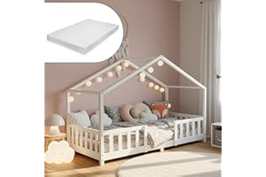 [en.casa] Letto per Cameretta Letto a Forma di Casetta con Barriera di Protezione per Bambini Struttura in Legno di Pino Materasso a Schiuma Fredda 70x140 cm Bianco