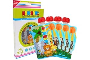 Nom Nom Kids | 4 x Reusable Food Pouches 140ml | Baby Food pouches for Baby weaning | reusable yoghurt pouches | BPA FREE | Side fill | UK designed