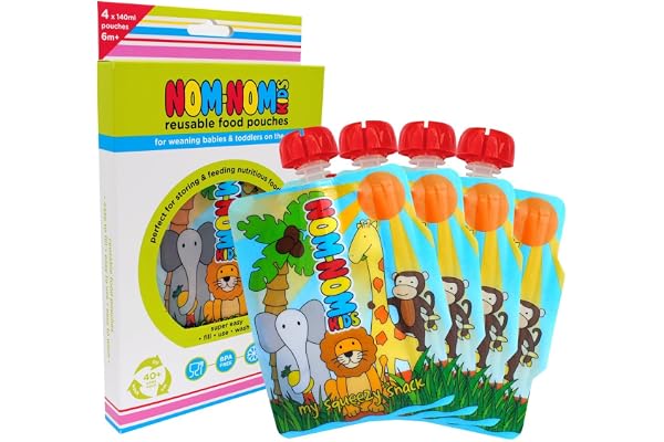 Lot de 4 Nom Nom Kids ANIMAL Gourdes Réutilisables pour compotes et purées 140ml, Sans BPA, Compatibles Congélateur et Lave Vaisselle