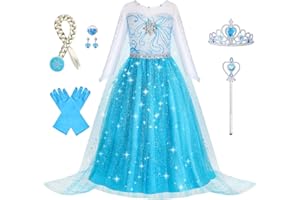 Foierp Elsa Kostüm Mädchen: 7-teiliges Set Elsa Kleid mit Krone Diadem Zauberstab Handschuhe für Halloween Cosplay Weihnachten Geburtstag Party