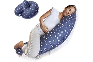 KasaBona Pregnancy Pillow 2-in1 XXL Washable Maternity Full Body Pillow for Pregnant Women Sleeping Pillow Nursing Baby Support 100% Cotton Pillowcase and Removable Centre (Blue-white stars)