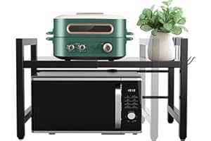 DONJIM Expandable Microwave Shelf, Microwave Stand with Side Hooks, Heavy Duty Microwave Shelf Stand, Kitchen Storage Rack for Microwave Oven, Black Over Microwave Shelf Water&Rust Proof