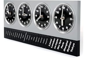 DESIGN DELIGHTS Nowoczesny zegar ścienny na świecie | srebrno-czarny, metal, 4 mechanizmy zegarowe, magnesy z 20 niemieckimi stacjami i 7 światowymi metropoliami | zegar biurowy