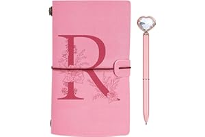TOOZEN Regalo Diario in Pelle Iniziale, Diario di Viaggio Rosa, Taccuino in Pelle Rifillabile con Penna Diamante Cuore, Idee Regalo Compleanno, Ringraziamento, Natale per Donne Ragazze Amica Scrittori R