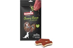 Rosewood Chewy Bones - Rinderhaut-Kauknochen mit Entengeschmack für kleine Hunde - Getreidefreie und glutenfreie Zahnpflege Snacks, ohne künstliche Zusätze, 80g