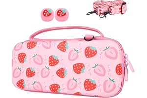 TIKOdirect Carrying Case for Nintendo Switch, Cute Portable Travel Bag in Newest Updated Design of Pink interior with an Adjustable Shoulder Strap, 2 Thumb Grip Caps and 10 Game Card Slots, Strawberry
