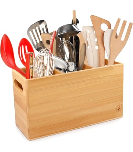 Lnopever Keukengereihouder met drainabodem, 3 vakken van massief echt hout, organizer voor keukengerei, opbergruimte, messen, vork en lepel, opbergmanden, bruin