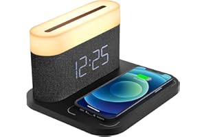 COLSUR Cyfrowy budzik z bezprzewodową ładowarką, 15 W, lampka nocna z regulacją jasności, zegar cyfrowy z funkcją drzemki, dużym wyświetlaczem, 12/24 godziny, do sypialni