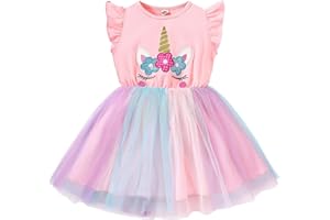 JiAmy Dziewczęce sukienki z falbanką z krótkim rękawem nadruk jednorożca bawełniany top tiulowa sukienka tutu, sukienka dla dzieci na przyjęcie urodzinowe spódnica ubrania dla dziewczynki w wieku 3-8